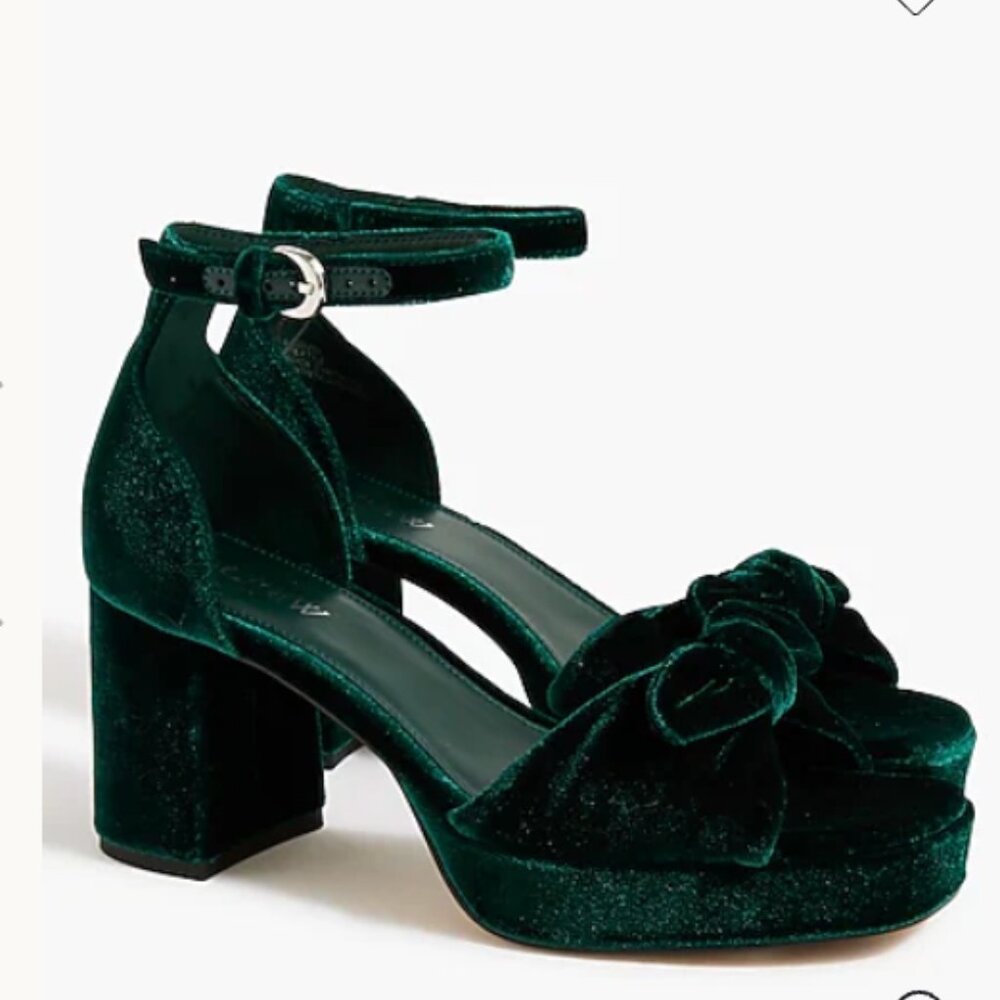 J. Crew Green Velvet bow platform heels